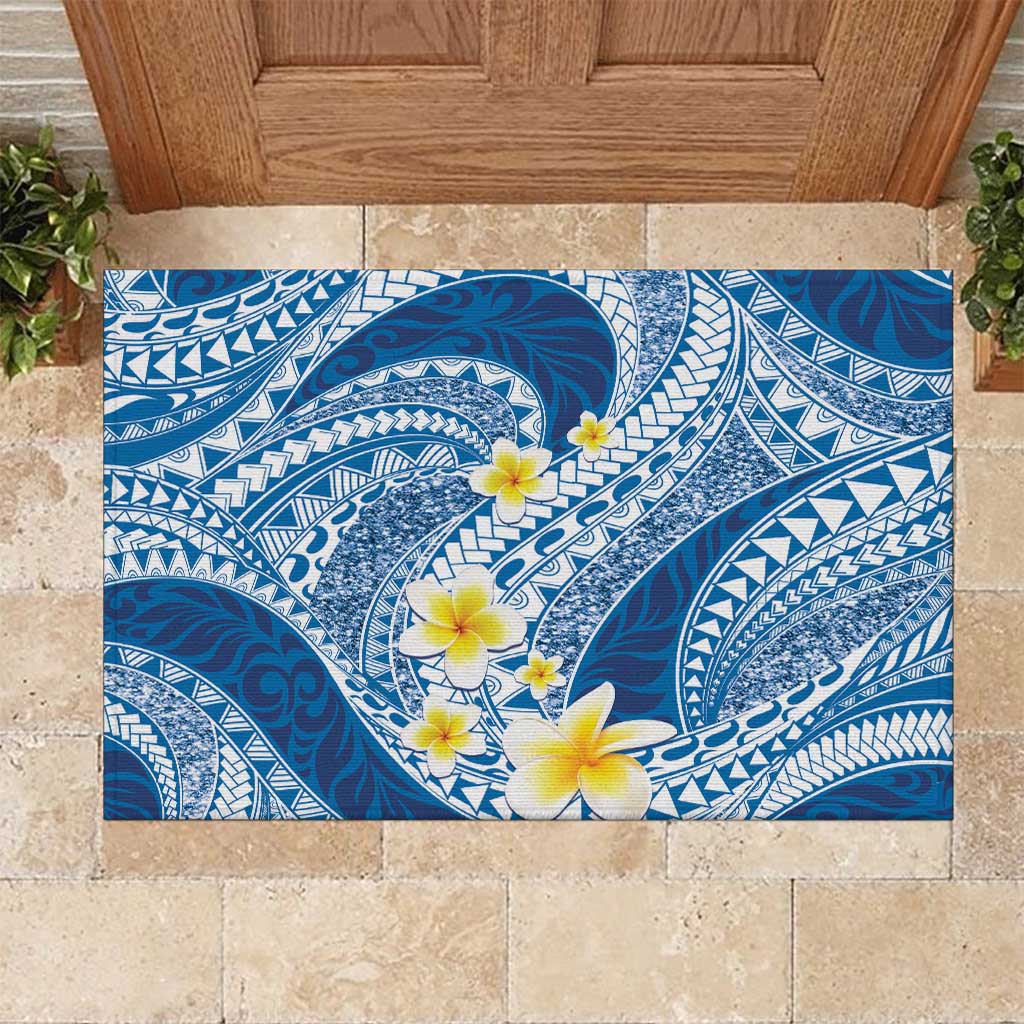 Plumeria Polynesian Blue Glitter Pattern Rubber Doormat