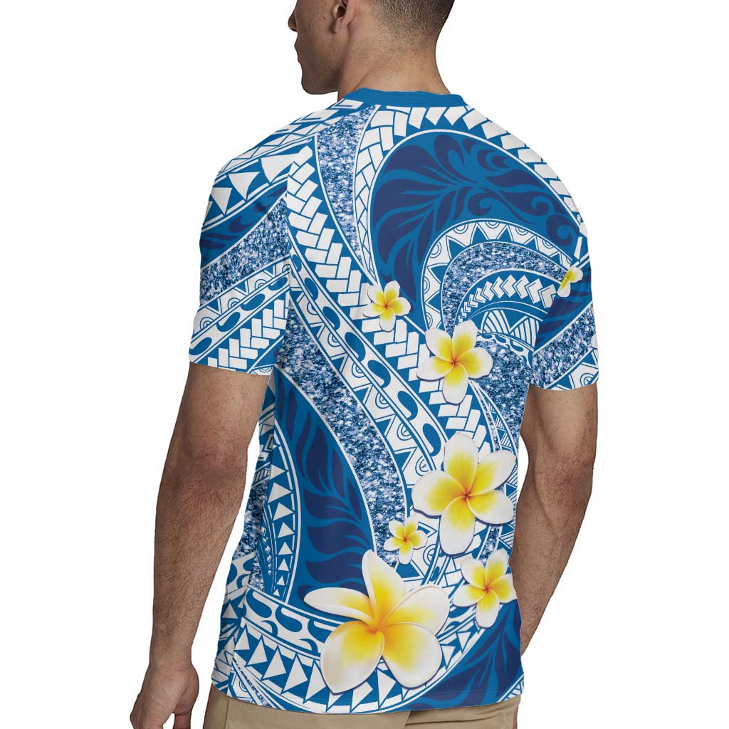 Plumeria Polynesian Blue Glitter Pattern Rugby Jersey