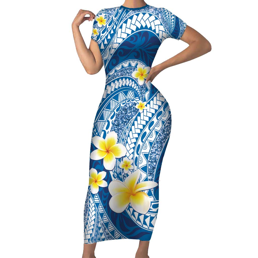 Plumeria Polynesian Blue Glitter Pattern Short Sleeve Bodycon Dress LT01 Long Dress Blue - Polynesian Pride