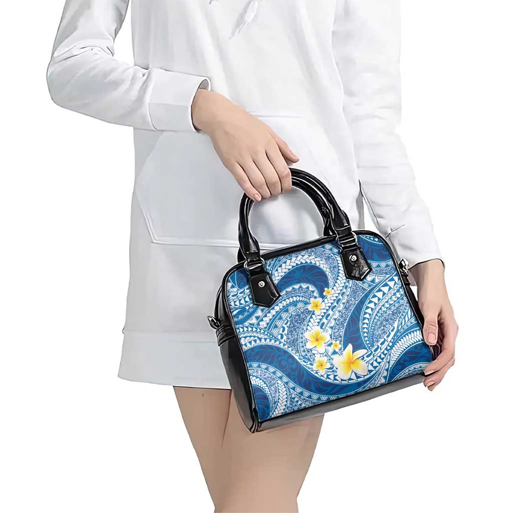 Plumeria Polynesian Blue Glitter Pattern Shoulder Handbag