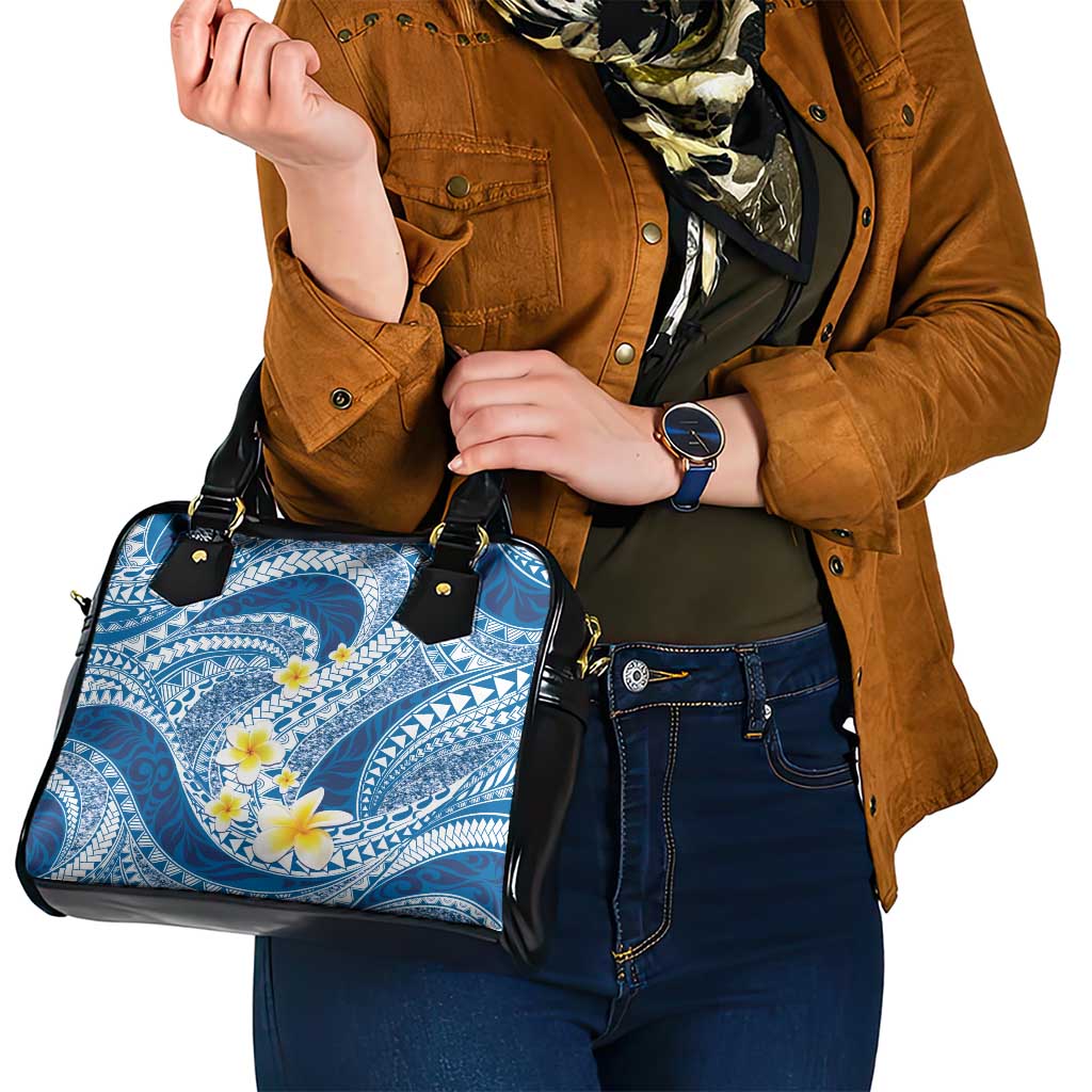 Plumeria Polynesian Blue Glitter Pattern Shoulder Handbag