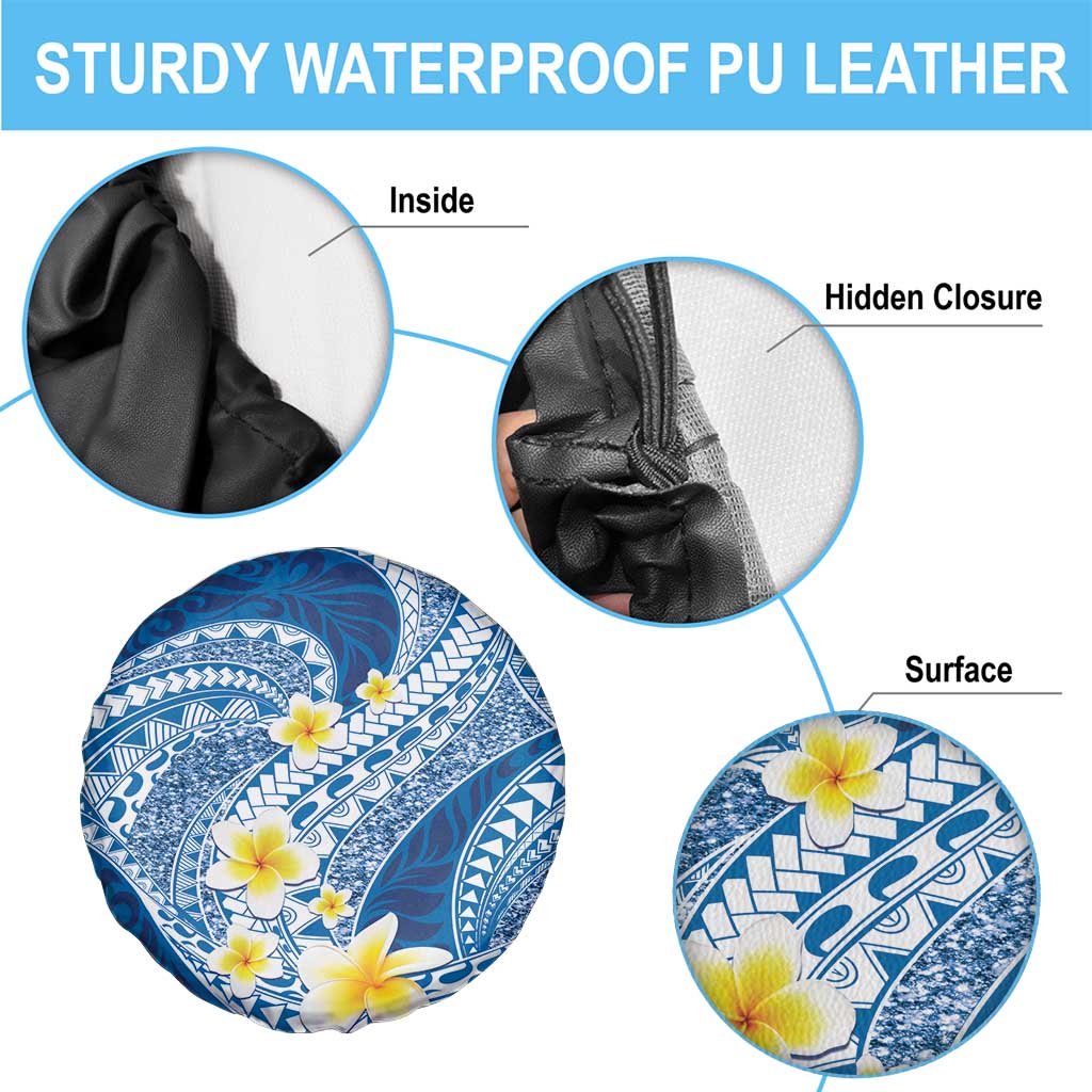 Plumeria Polynesian Blue Glitter Pattern Spare Tire Cover