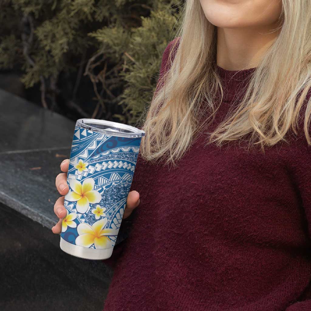 Plumeria Polynesian Blue Glitter Pattern Tumbler Cup