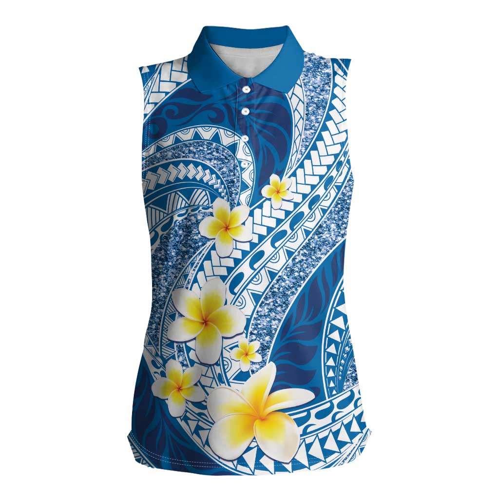 Plumeria Polynesian Blue Glitter Pattern Women Sleeveless Polo Shirt LT01 Female Blue - Polynesian Pride