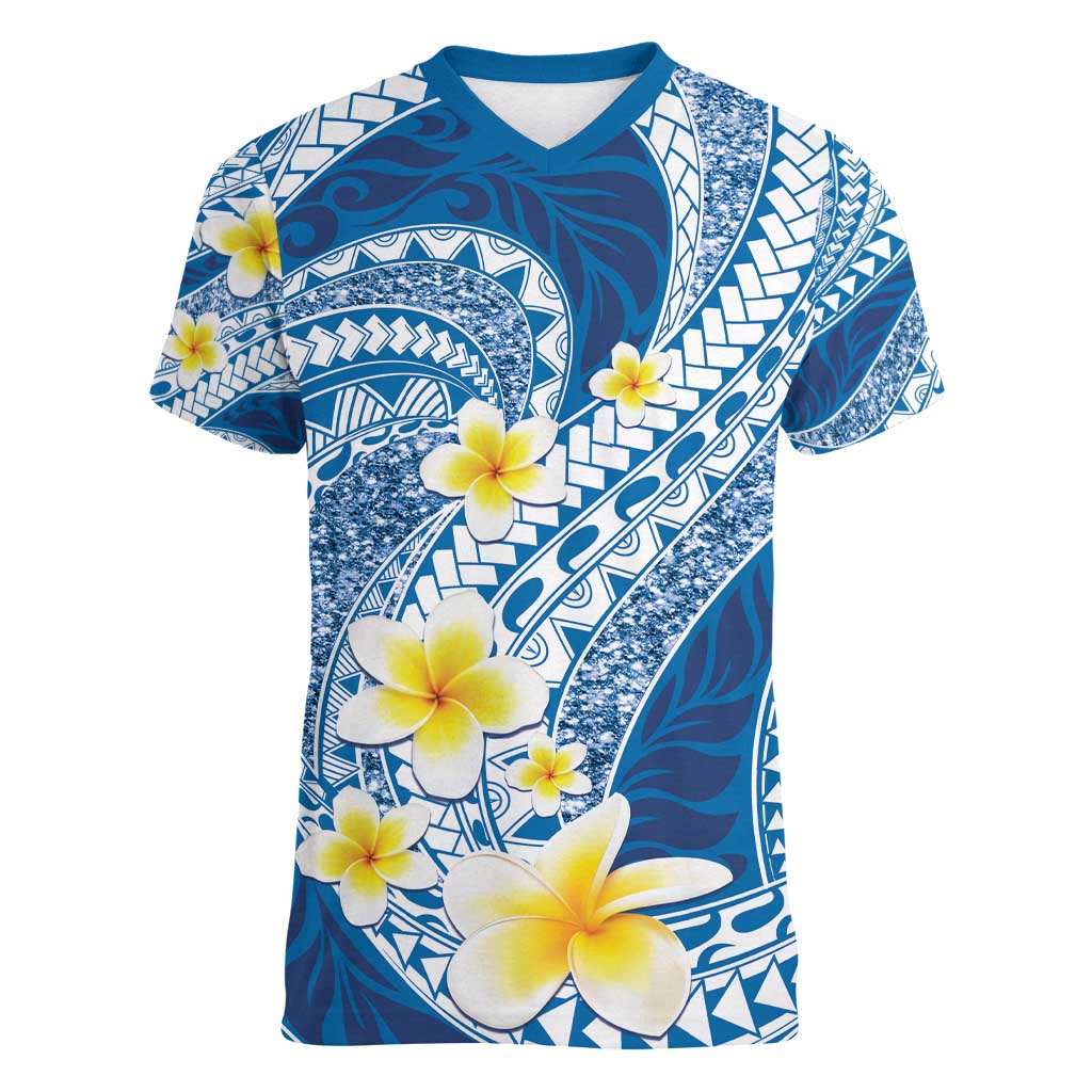 Plumeria Polynesian Blue Glitter Pattern Women V-Neck T-Shirt LT01 Female Blue - Polynesian Pride