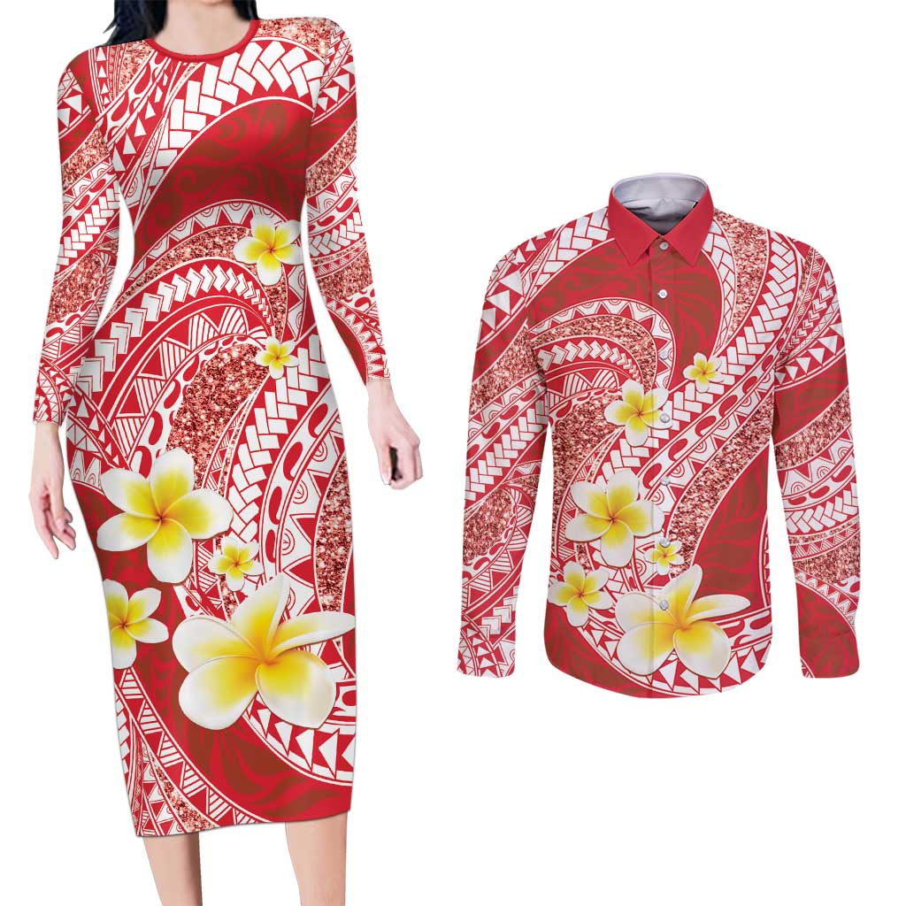 Plumeria Polynesian Coral Glitter Pattern Couples Matching Long Sleeve Bodycon Dress and Long Sleeve Button Shirt LT01 Coral - Polynesian Pride