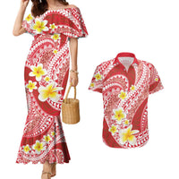 Plumeria Polynesian Coral Glitter Pattern Couples Matching Mermaid Dress and Hawaiian Shirt LT01 Coral - Polynesian Pride
