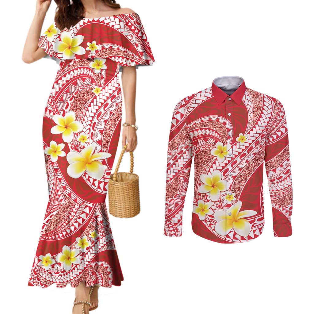 Plumeria Polynesian Coral Glitter Pattern Couples Matching Mermaid Dress and Long Sleeve Button Shirt LT01 Coral - Polynesian Pride