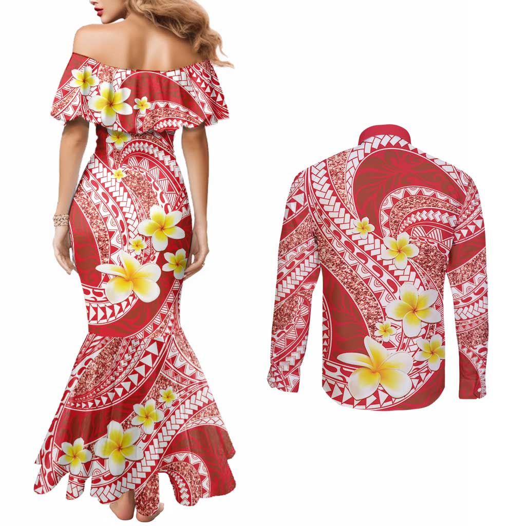 Plumeria Polynesian Coral Glitter Pattern Couples Matching Mermaid Dress and Long Sleeve Button Shirt