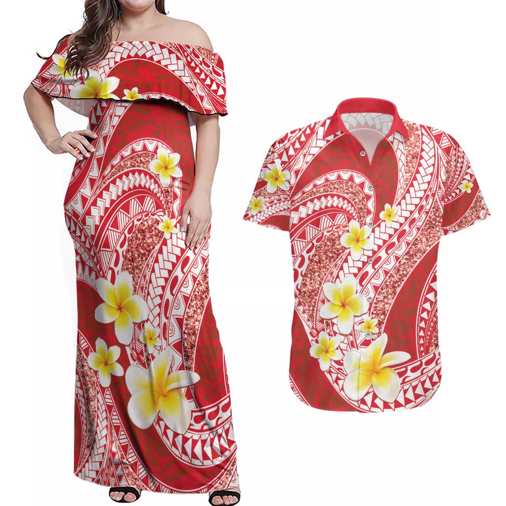 Plumeria Polynesian Coral Glitter Pattern Couples Matching Off Shoulder Maxi Dress and Hawaiian Shirt LT01 Coral - Polynesian Pride