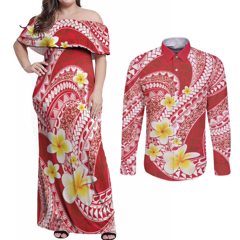 Plumeria Polynesian Coral Glitter Pattern Couples Matching Off Shoulder Maxi Dress and Long Sleeve Button Shirt LT01 Coral - Polynesian Pride