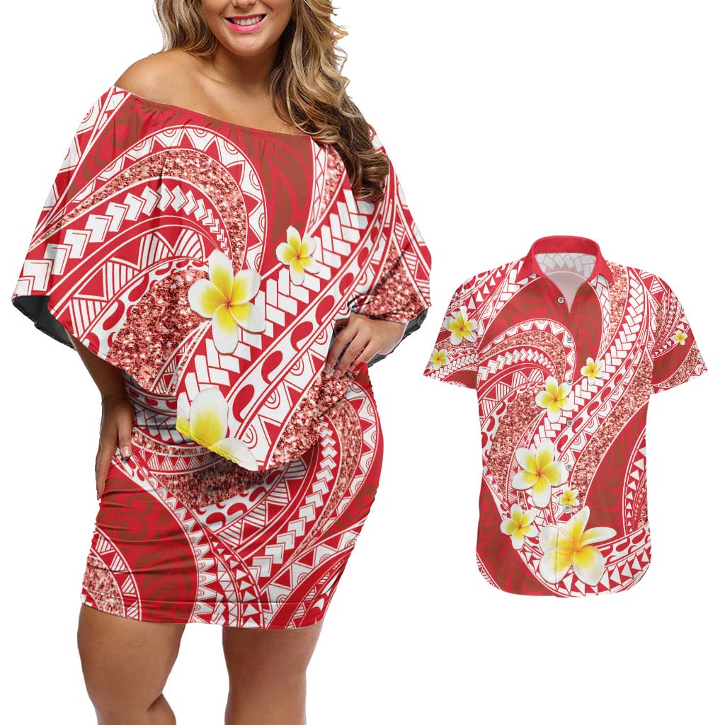 Plumeria Polynesian Coral Glitter Pattern Couples Matching Off Shoulder Short Dress and Hawaiian Shirt LT01 Coral - Polynesian Pride