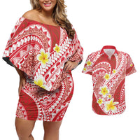 Plumeria Polynesian Coral Glitter Pattern Couples Matching Off Shoulder Short Dress and Hawaiian Shirt LT01 Coral - Polynesian Pride