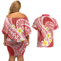 Plumeria Polynesian Coral Glitter Pattern Couples Matching Off Shoulder Short Dress and Hawaiian Shirt LT01 - Polynesian Pride