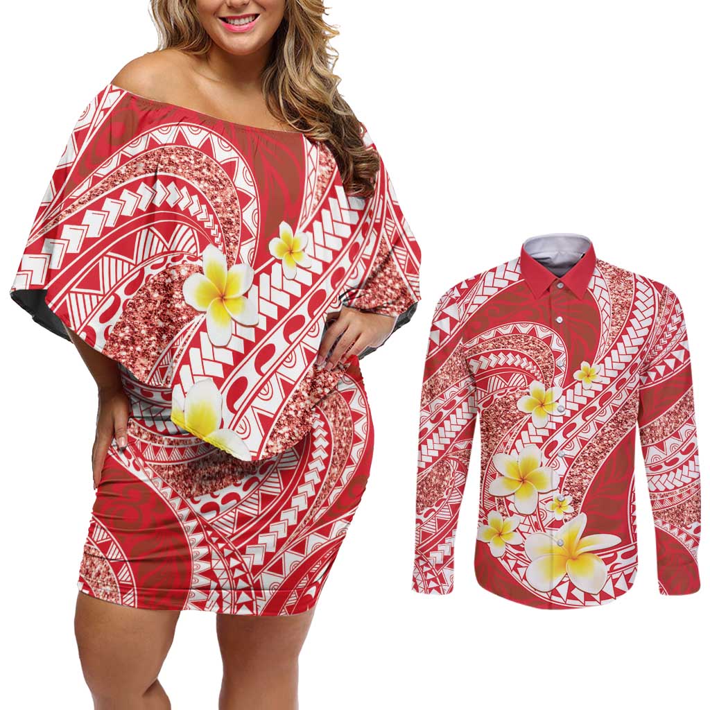 Plumeria Polynesian Coral Glitter Pattern Couples Matching Off Shoulder Short Dress and Long Sleeve Button Shirt LT01 Coral - Polynesian Pride