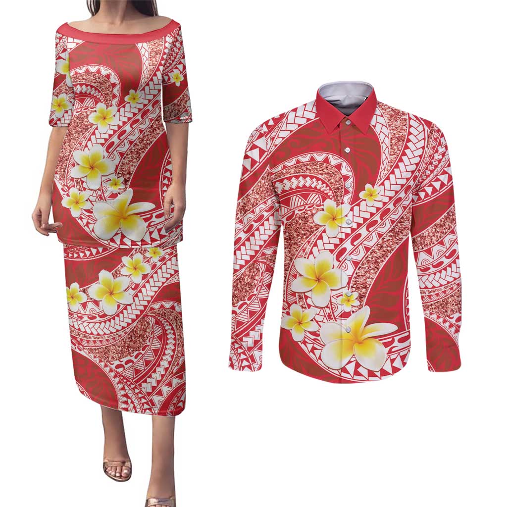 Plumeria Polynesian Coral Glitter Pattern Couples Matching Puletasi and Long Sleeve Button Shirt LT01 Coral - Polynesian Pride