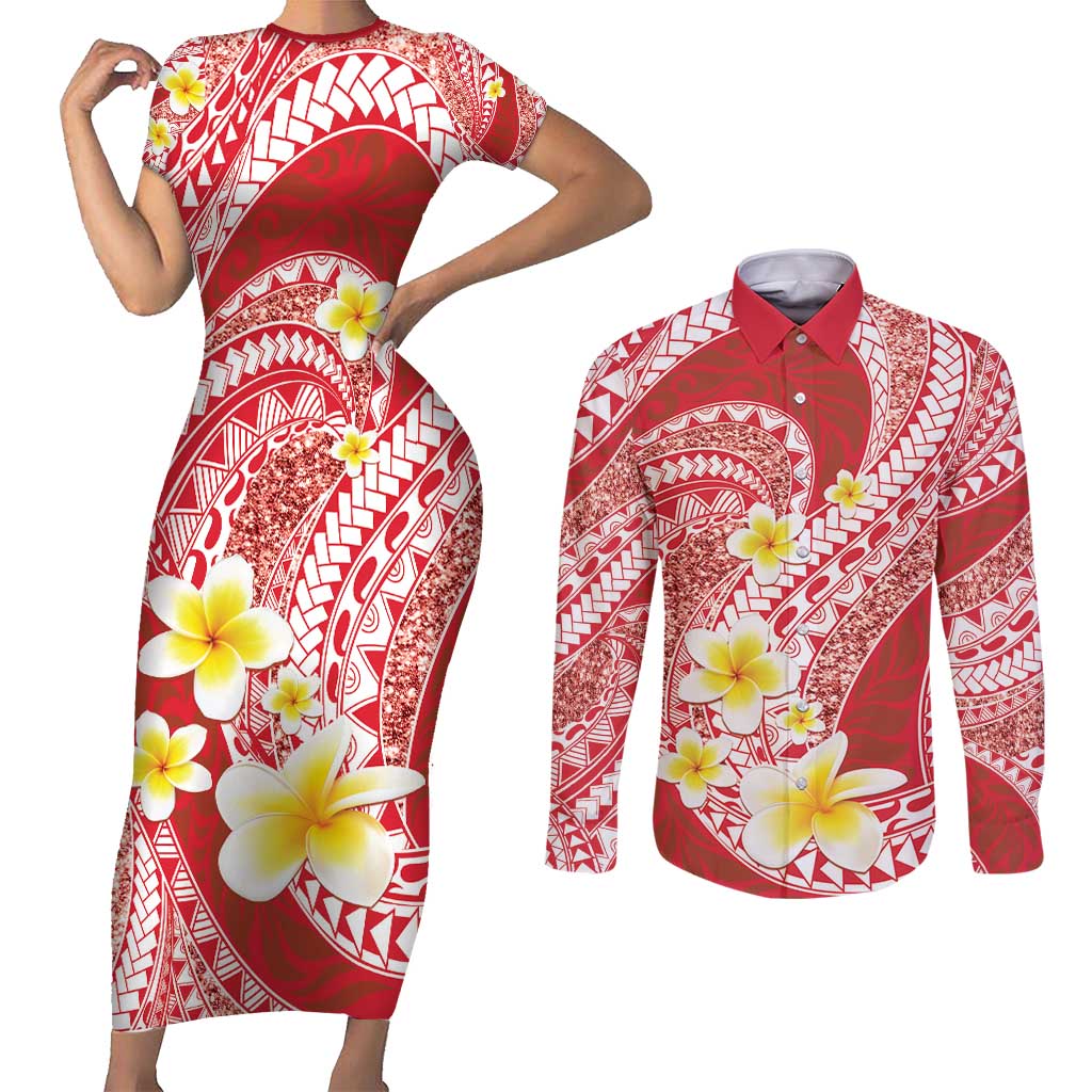 Plumeria Polynesian Coral Glitter Pattern Couples Matching Short Sleeve Bodycon Dress and Long Sleeve Button Shirt LT01 Coral - Polynesian Pride