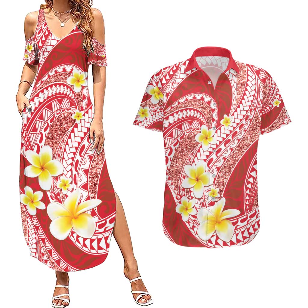 Plumeria Polynesian Coral Glitter Pattern Couples Matching Summer Maxi Dress and Hawaiian Shirt LT01 Coral - Polynesian Pride
