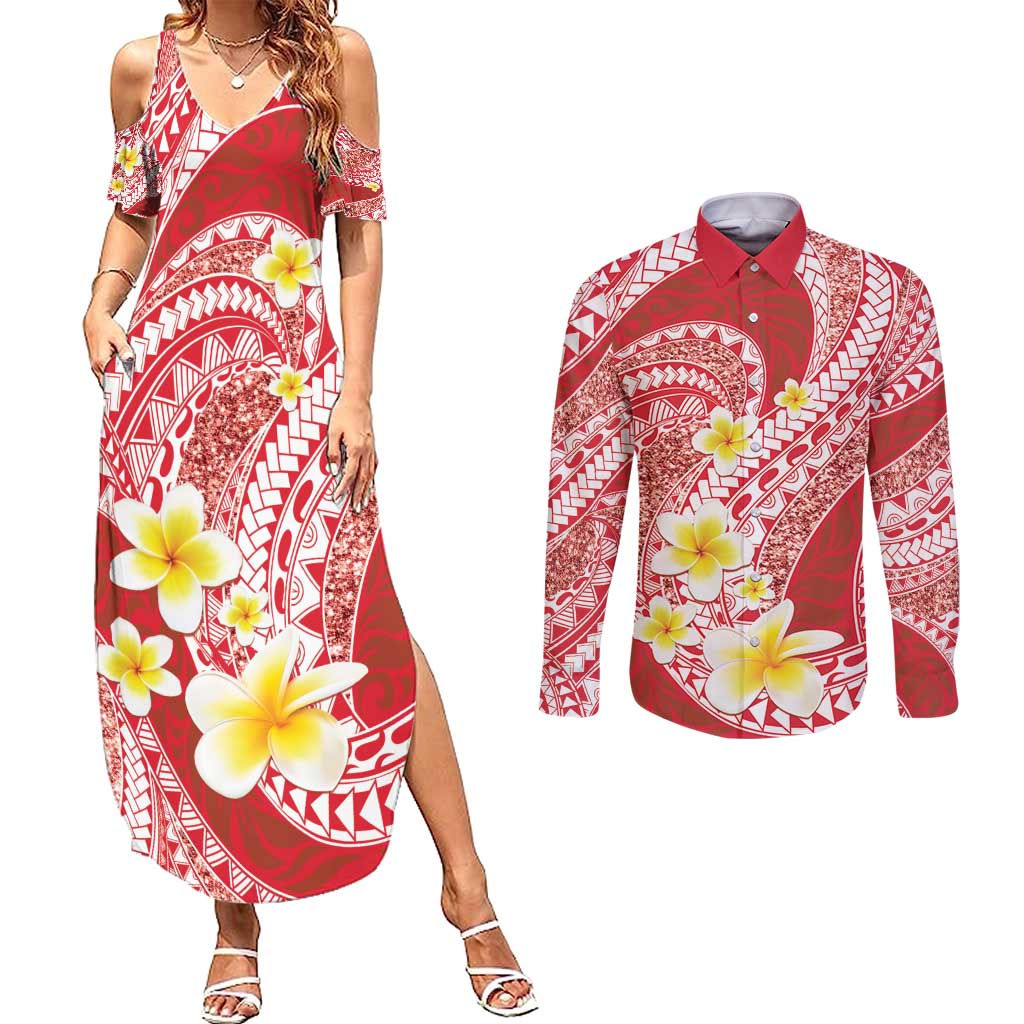 Plumeria Polynesian Coral Glitter Pattern Couples Matching Summer Maxi Dress and Long Sleeve Button Shirt LT01 Coral - Polynesian Pride