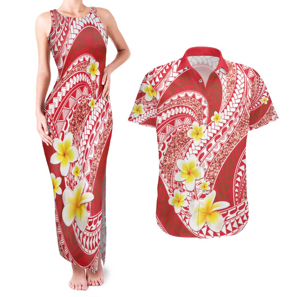 Plumeria Polynesian Coral Glitter Pattern Couples Matching Tank Maxi Dress and Hawaiian Shirt LT01 Coral - Polynesian Pride