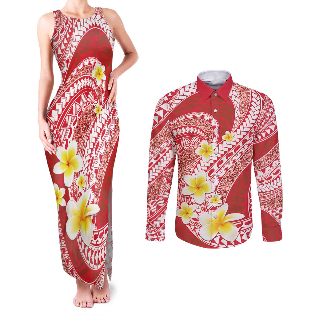 Plumeria Polynesian Coral Glitter Pattern Couples Matching Tank Maxi Dress and Long Sleeve Button Shirt LT01 Coral - Polynesian Pride