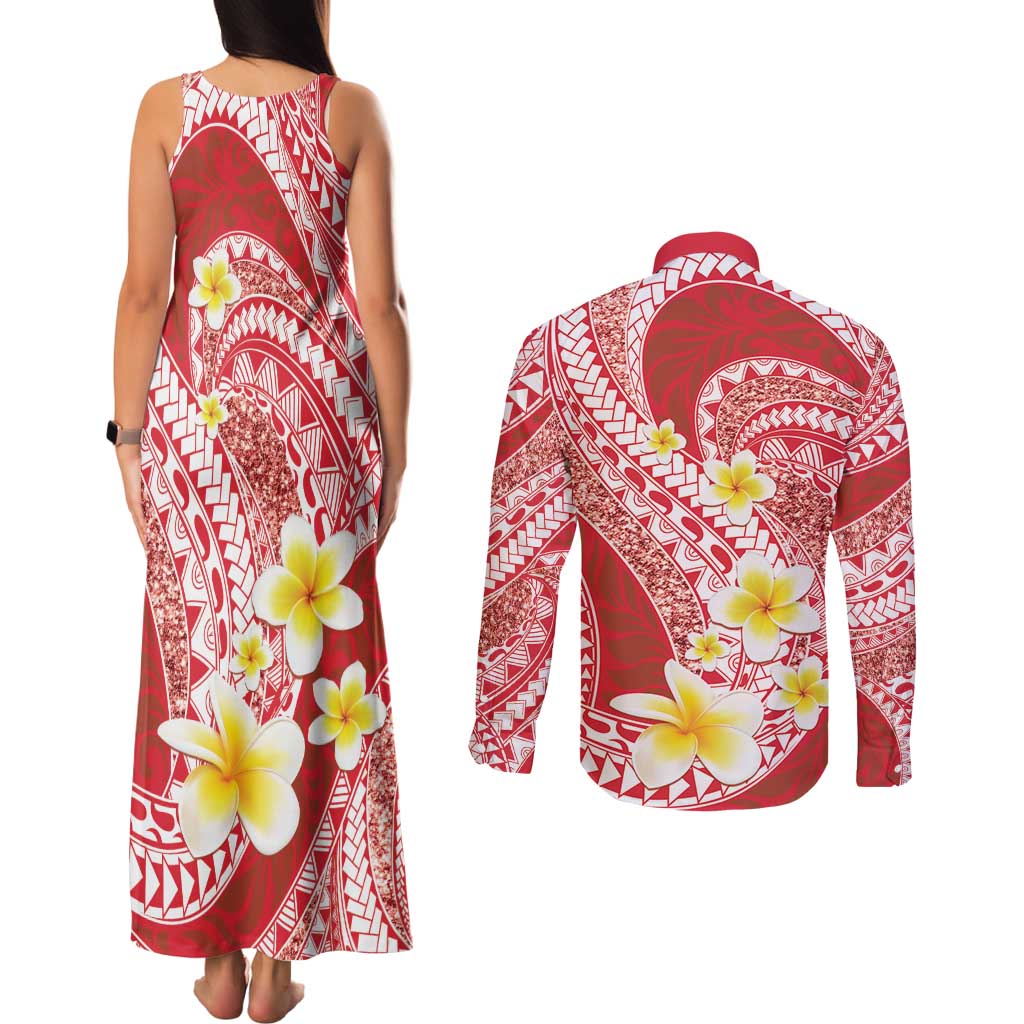 Plumeria Polynesian Coral Glitter Pattern Couples Matching Tank Maxi Dress and Long Sleeve Button Shirt LT01 - Polynesian Pride