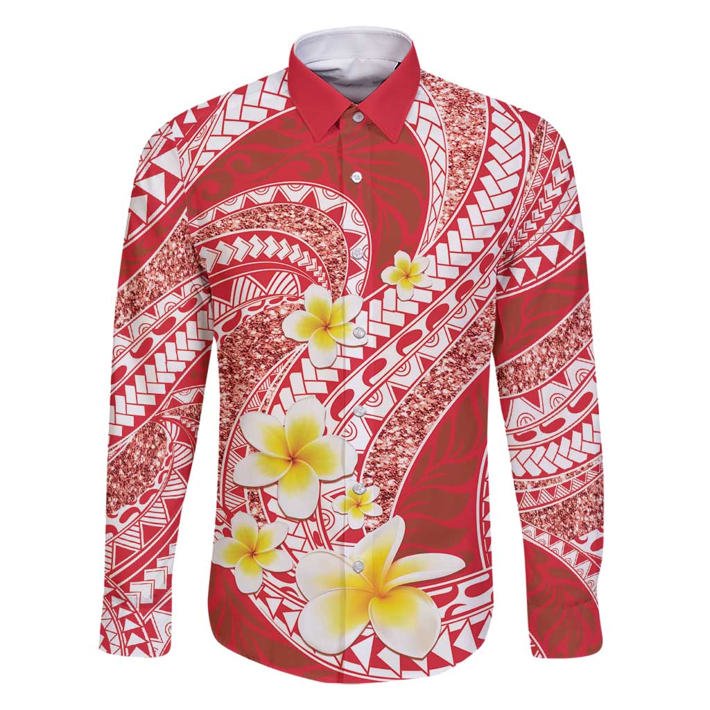 Plumeria Polynesian Coral Glitter Pattern Family Matching Mermaid Dress and Hawaiian Shirt LT01 Dad's Shirt - Long Sleeve Coral - Polynesian Pride