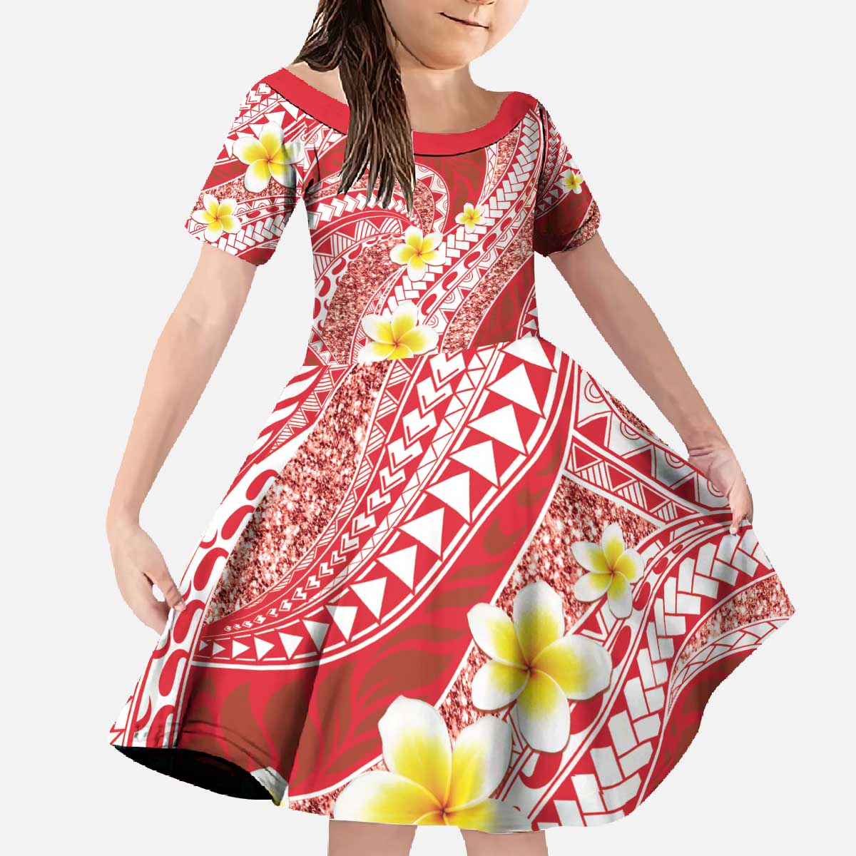Plumeria Polynesian Coral Glitter Pattern Family Matching Off The Shoulder Long Sleeve Dress and Hawaiian Shirt LT01 Daughter's Dress Coral - Polynesian Pride