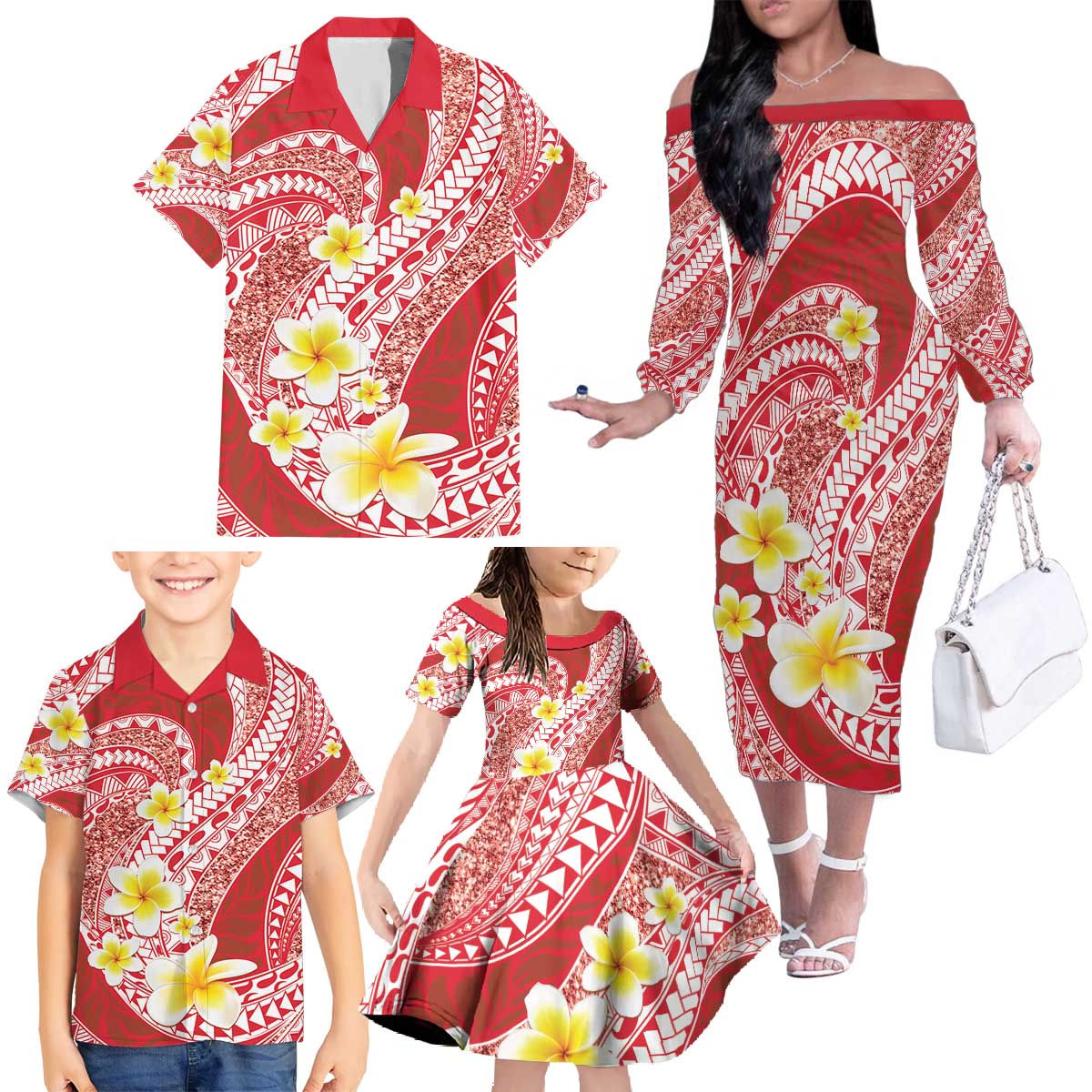 Plumeria Polynesian Coral Glitter Pattern Family Matching Off The Shoulder Long Sleeve Dress and Hawaiian Shirt LT01 - Polynesian Pride