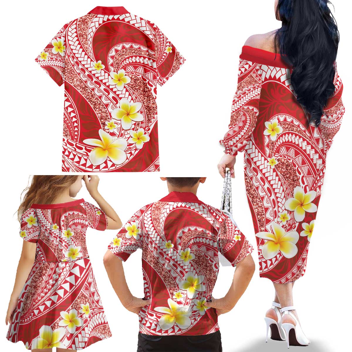 Plumeria Polynesian Coral Glitter Pattern Family Matching Off The Shoulder Long Sleeve Dress and Hawaiian Shirt LT01 - Polynesian Pride