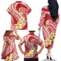 Plumeria Polynesian Coral Glitter Pattern Family Matching Off The Shoulder Long Sleeve Dress and Hawaiian Shirt LT01 - Polynesian Pride