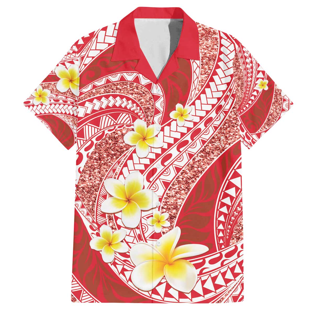 Plumeria Polynesian Coral Glitter Pattern Family Matching Off The Shoulder Long Sleeve Dress and Hawaiian Shirt LT01 Dad's Shirt - Short Sleeve Coral - Polynesian Pride