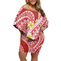 Plumeria Polynesian Coral Glitter Pattern Family Matching Off Shoulder Short Dress and Hawaiian Shirt LT01 Mom's Dress Coral - Polynesian Pride