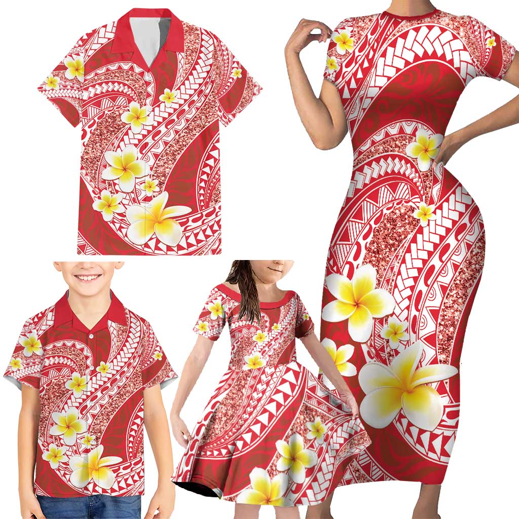 Plumeria Polynesian Coral Glitter Pattern Family Matching Short Sleeve Bodycon Dress and Hawaiian Shirt LT01 - Polynesian Pride