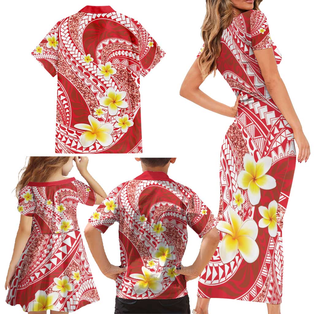 Plumeria Polynesian Coral Glitter Pattern Family Matching Short Sleeve Bodycon Dress and Hawaiian Shirt LT01 - Polynesian Pride