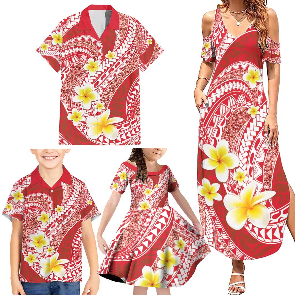 Plumeria Polynesian Coral Glitter Pattern Family Matching Summer Maxi Dress and Hawaiian Shirt LT01 - Polynesian Pride