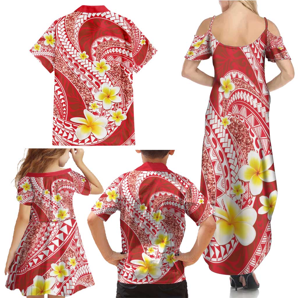 Plumeria Polynesian Coral Glitter Pattern Family Matching Summer Maxi Dress and Hawaiian Shirt LT01 - Polynesian Pride