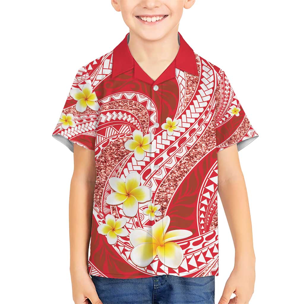 Plumeria Polynesian Coral Glitter Pattern Kid Hawaiian Shirt LT01 Kid Coral - Polynesian Pride