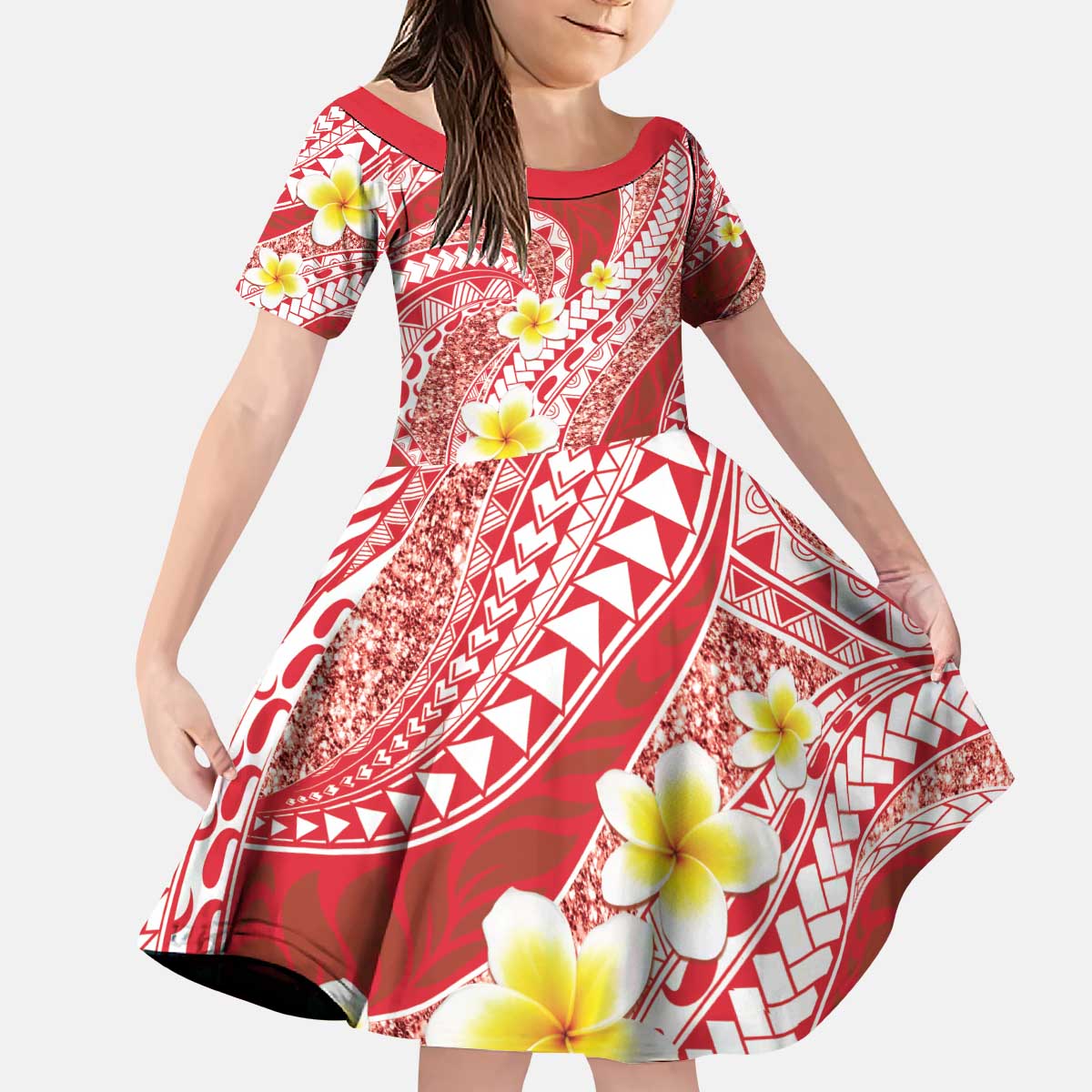 Plumeria Polynesian Coral Glitter Pattern Kid Short Sleeve Dress