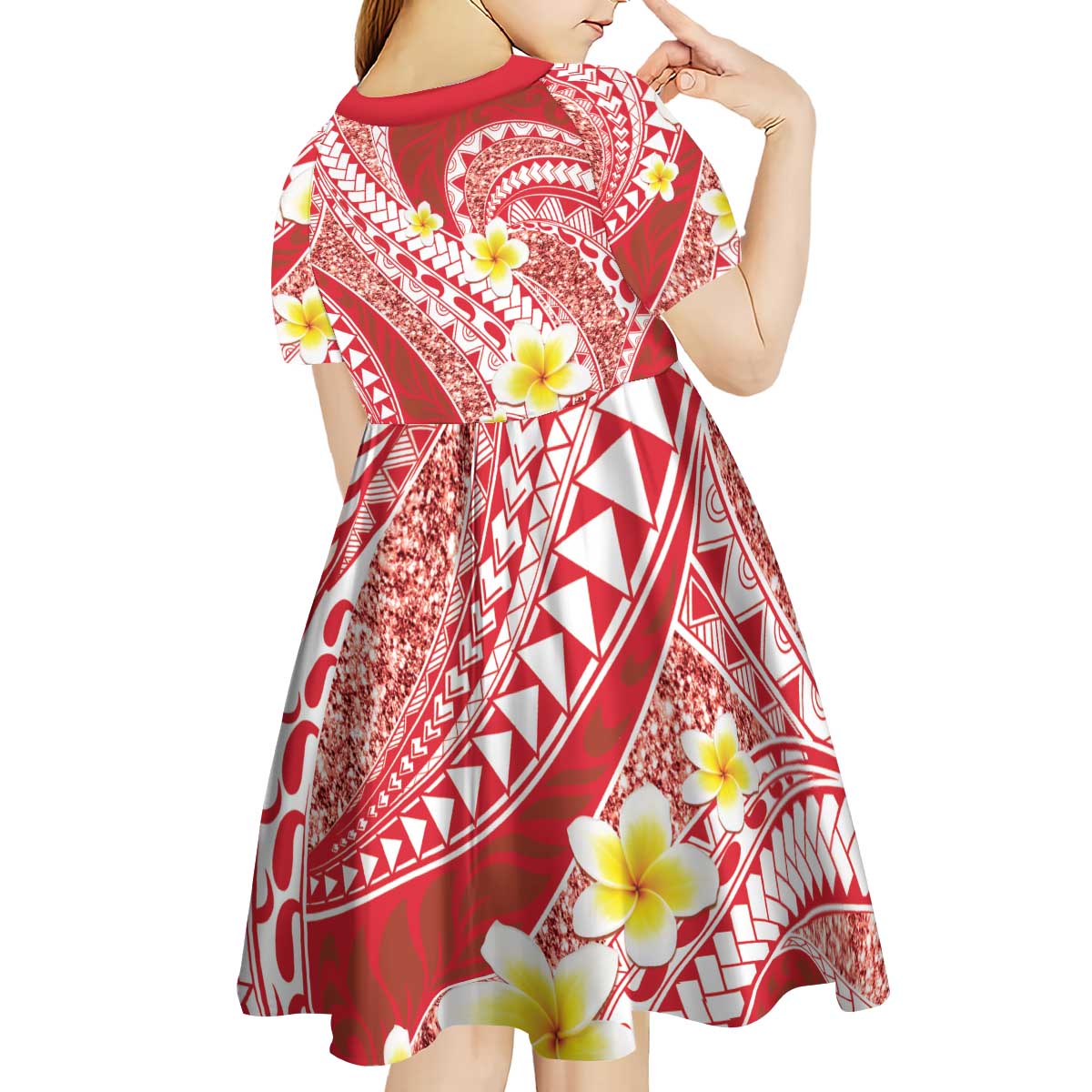 Plumeria Polynesian Coral Glitter Pattern Kid Short Sleeve Dress