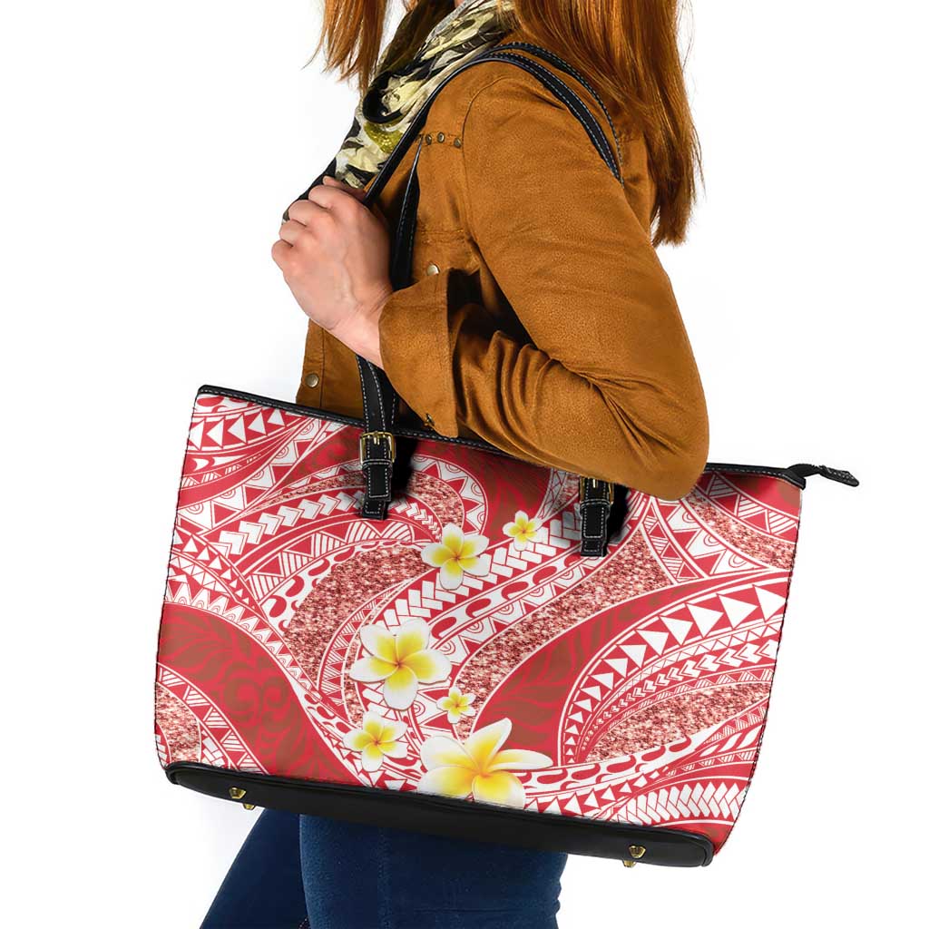 Plumeria Polynesian Coral Glitter Pattern Leather Tote Bag LT01 Coral - Polynesian Pride
