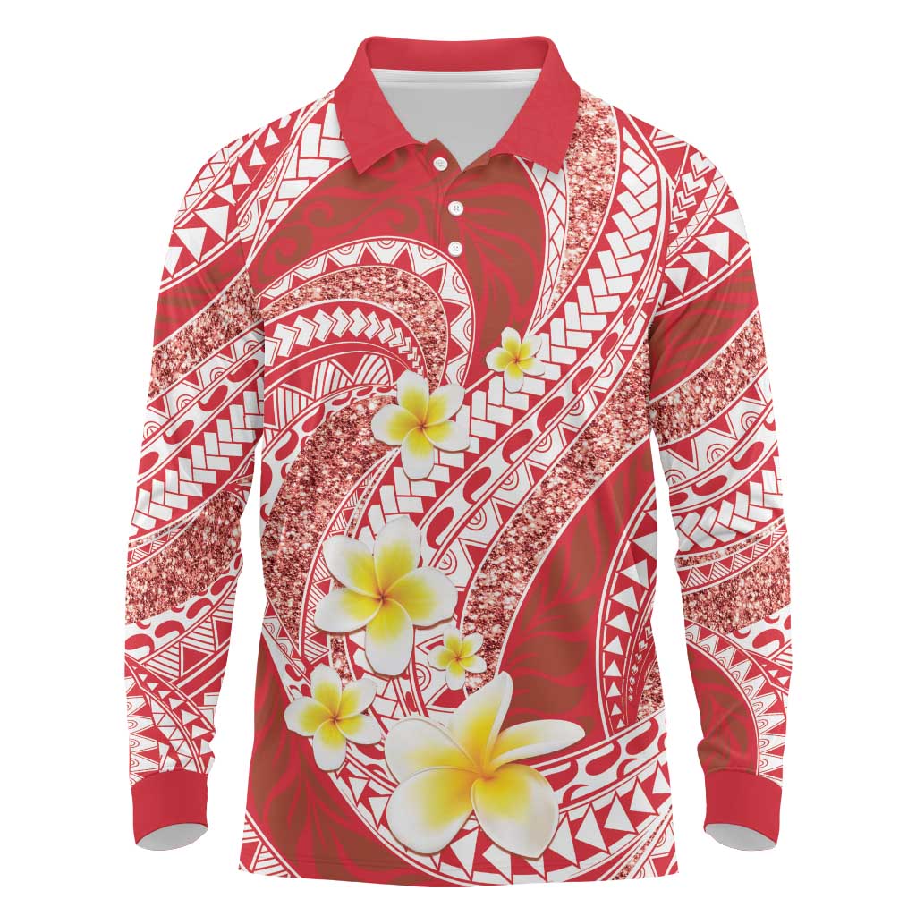 Plumeria Polynesian Coral Glitter Pattern Long Sleeve Polo Shirt LT01 Coral - Polynesian Pride