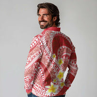 Plumeria Polynesian Coral Glitter Pattern Long Sleeve Polo Shirt