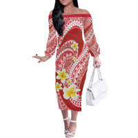 Plumeria Polynesian Coral Glitter Pattern Off The Shoulder Long Sleeve Dress