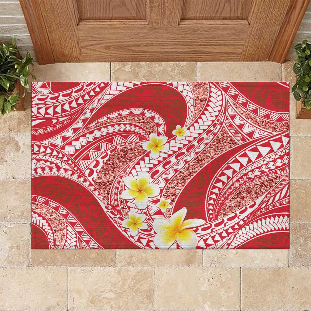 Plumeria Polynesian Coral Glitter Pattern Rubber Doormat