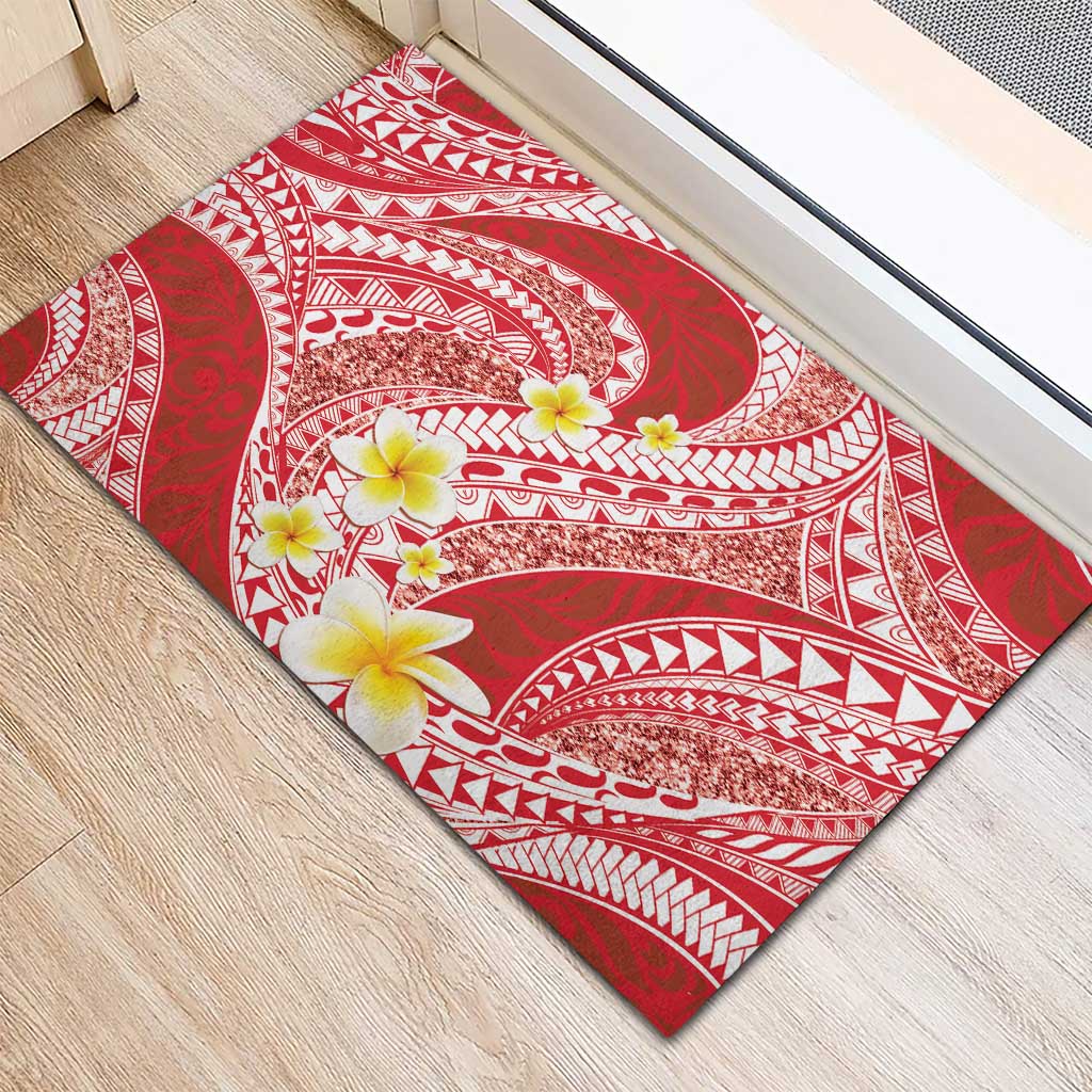 Plumeria Polynesian Coral Glitter Pattern Rubber Doormat