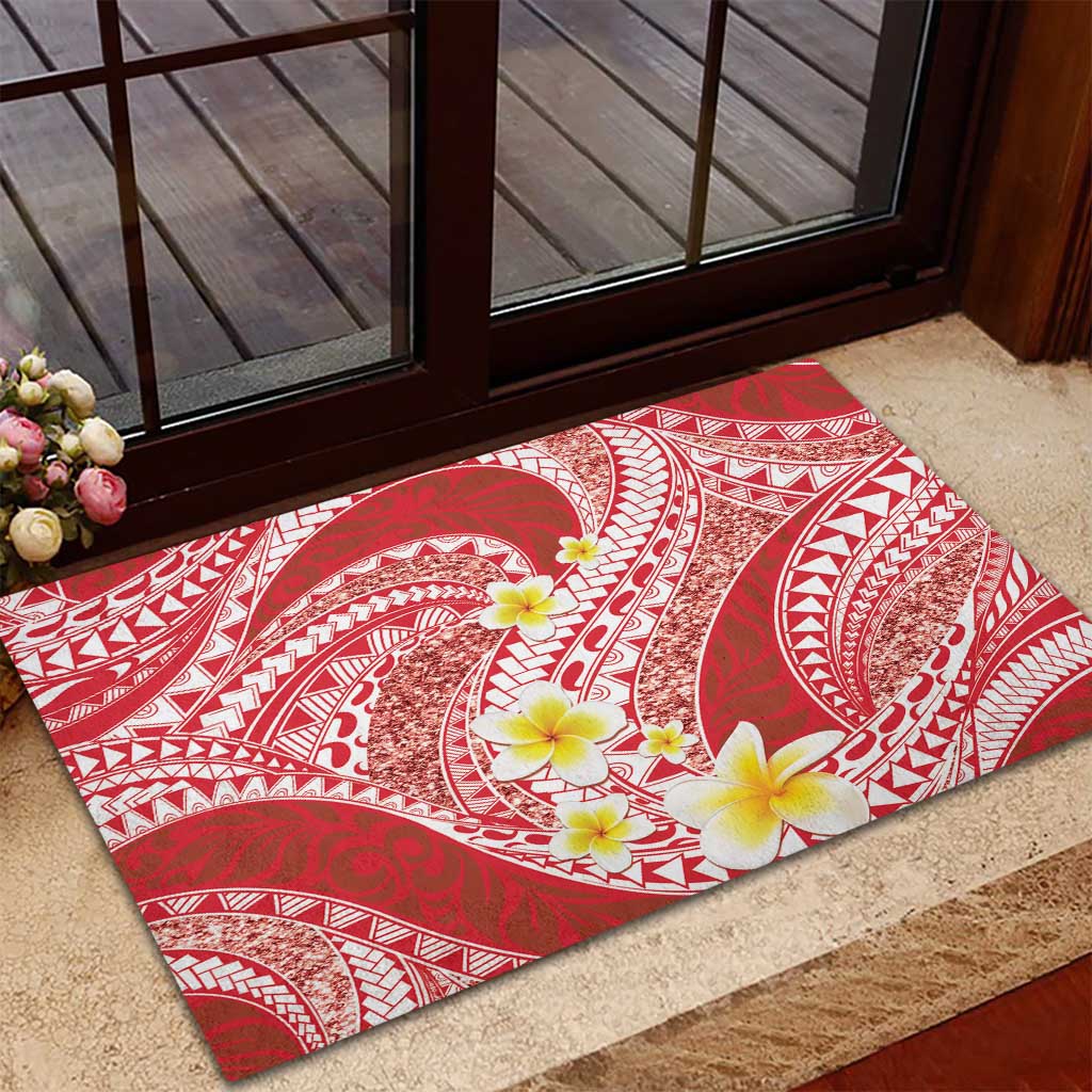 Plumeria Polynesian Coral Glitter Pattern Rubber Doormat