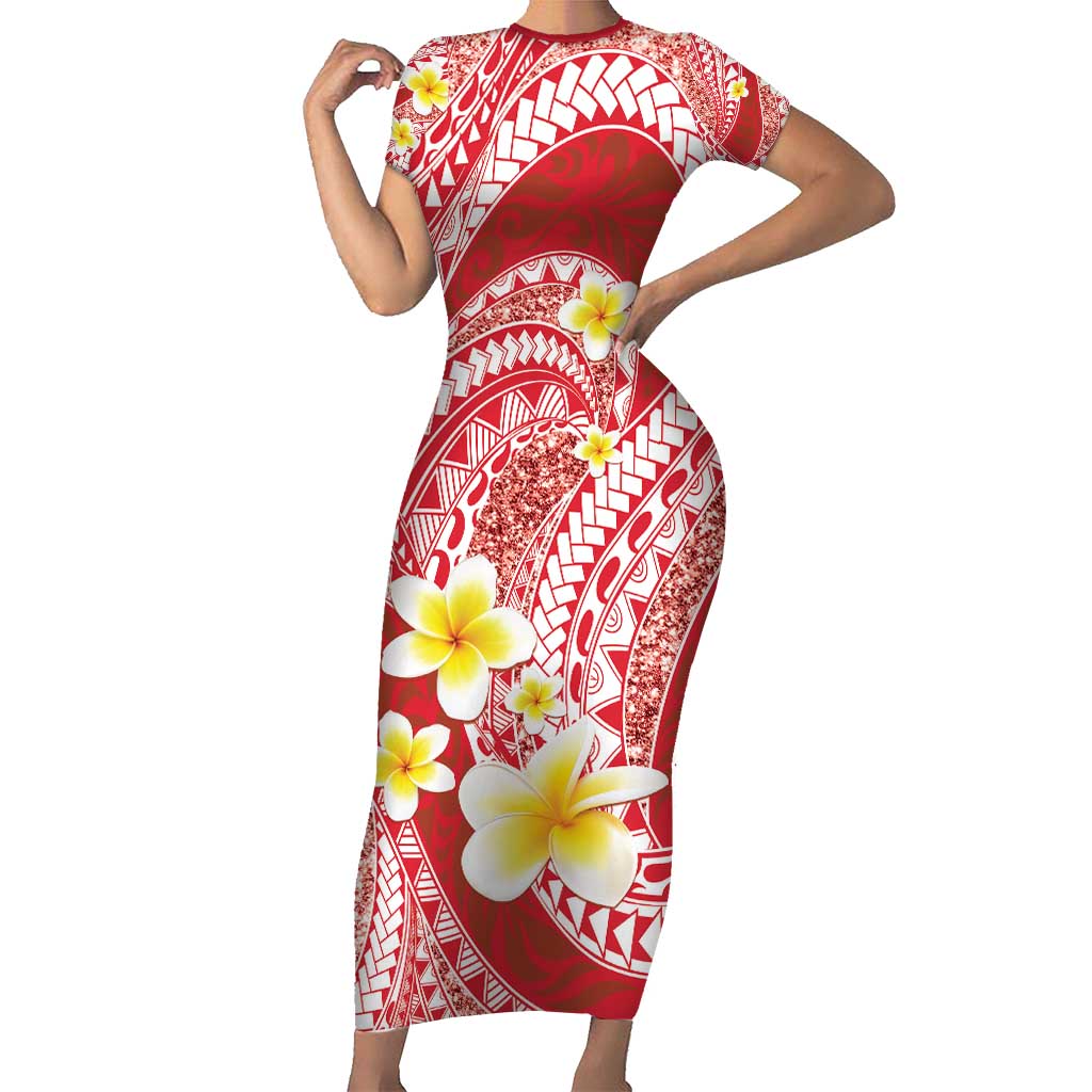 Plumeria Polynesian Coral Glitter Pattern Short Sleeve Bodycon Dress LT01 Long Dress Coral - Polynesian Pride