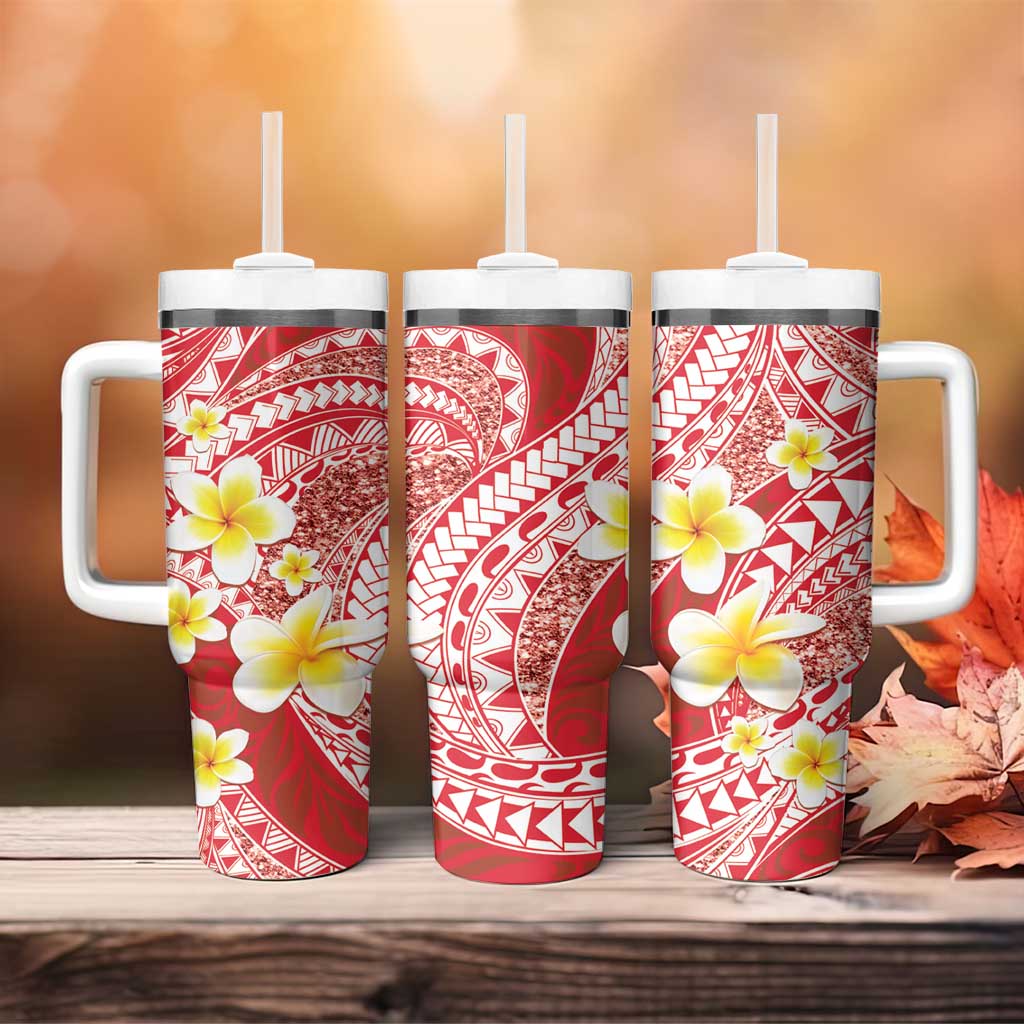 Plumeria Polynesian Coral Glitter Pattern Tumbler With Handle