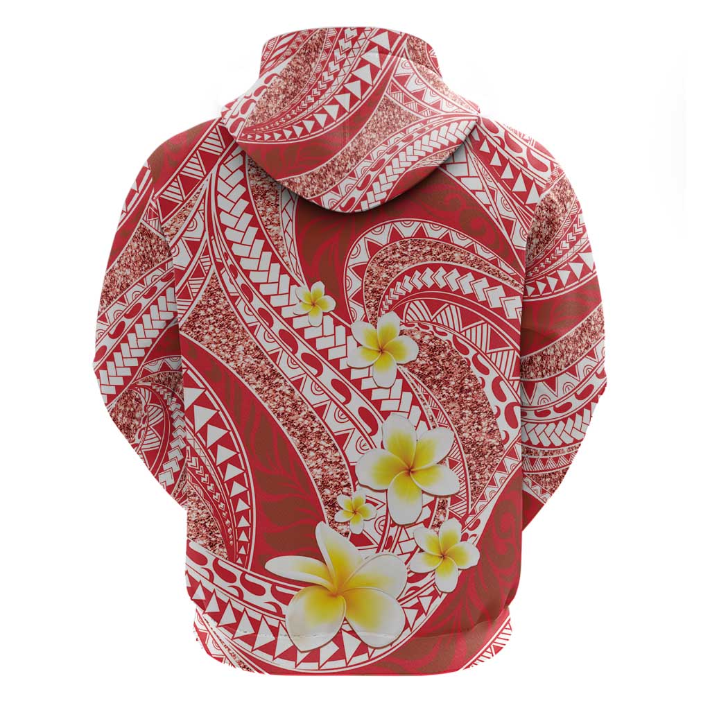 Plumeria Polynesian Coral Glitter Pattern Zip Hoodie